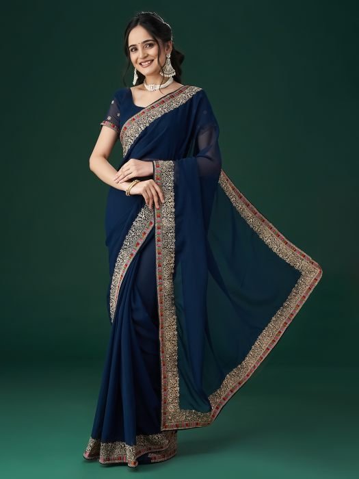 Blue Ethnic Motifs Embroidered Bordered Saree embroidered saree