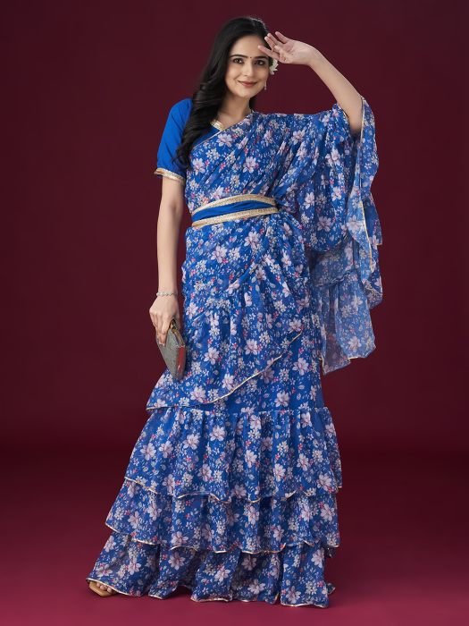 Blue Floral Printed Gotta Patti Embellished Saree party wear saree