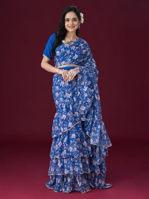 Blue Floral Printed Gotta Patti Embellished Saree party wear saree