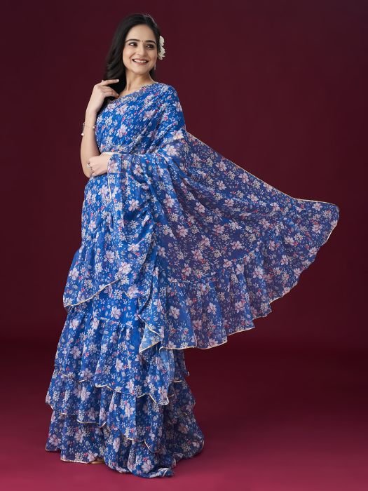 Blue Floral Printed Gotta Patti Embellished Saree party wear saree