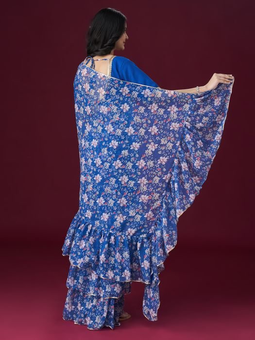 Blue Floral Printed Gotta Patti Embellished Saree party wear saree