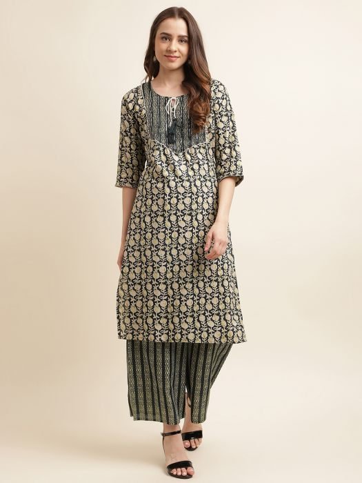 Dark Green Cotton Blend Embroidered And Printed Work Kurta With Plaza  kurti