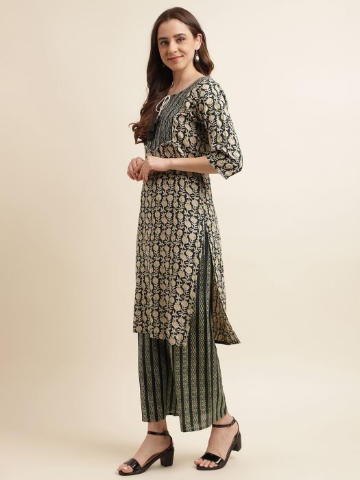 Dark Green Cotton Blend Embroidered And Printed Work Kurta With Plaza  kurti