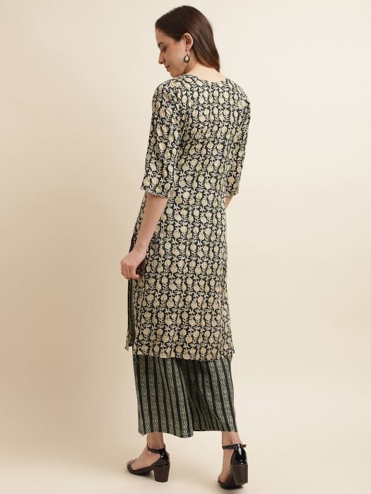 Dark Green Cotton Blend Embroidered And Printed Work Kurta With Plaza  kurti