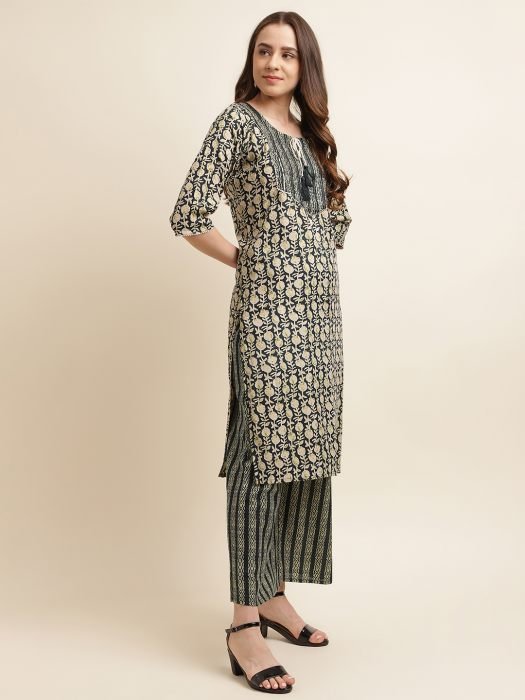 Dark Green Cotton Blend Embroidered And Printed Work Kurta With Plaza  kurti