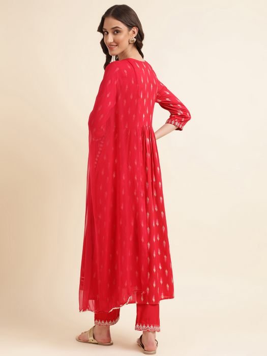 Dark Pink Cotton Blend Fancy A Line Kurta With Print   Embroidery Work With Dupatta   Trouser         kurta sets with dupatta