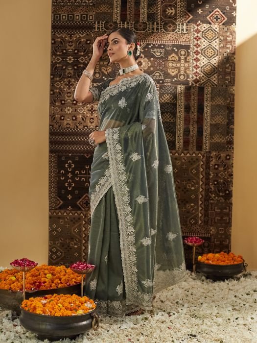 Embellished Beads and Stones Supernet Saree embroidered saree