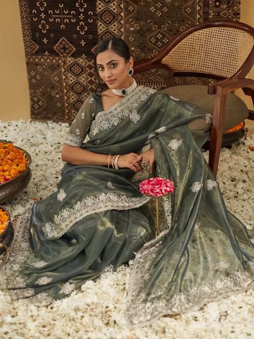 Embellished Beads and Stones Supernet Saree embroidered saree