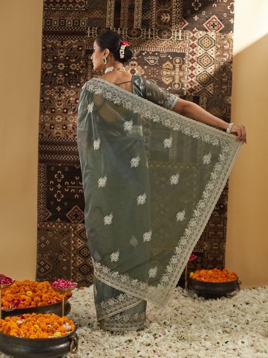 Embellished Beads and Stones Supernet Saree embroidered saree