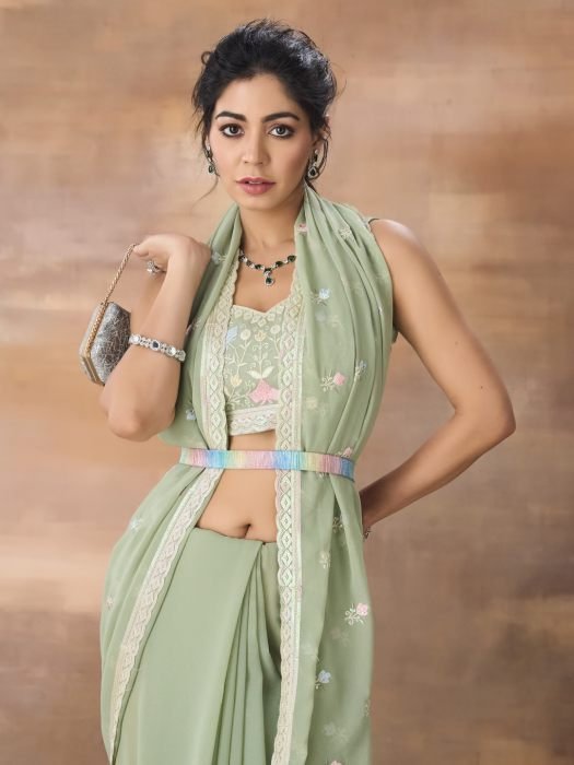 Embellished Floral Embroidered Saree green sarees