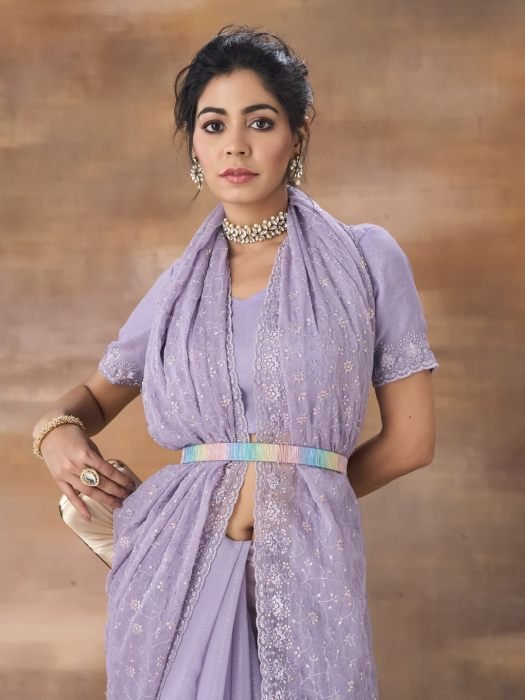 Embroidered Floral Sequinned Saree lavender sarees