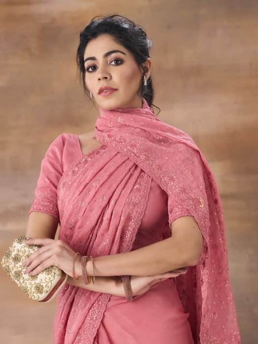 Embroidered Floral Sequinned Saree pink sarees