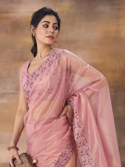 Embroidered Net Saree pink sarees