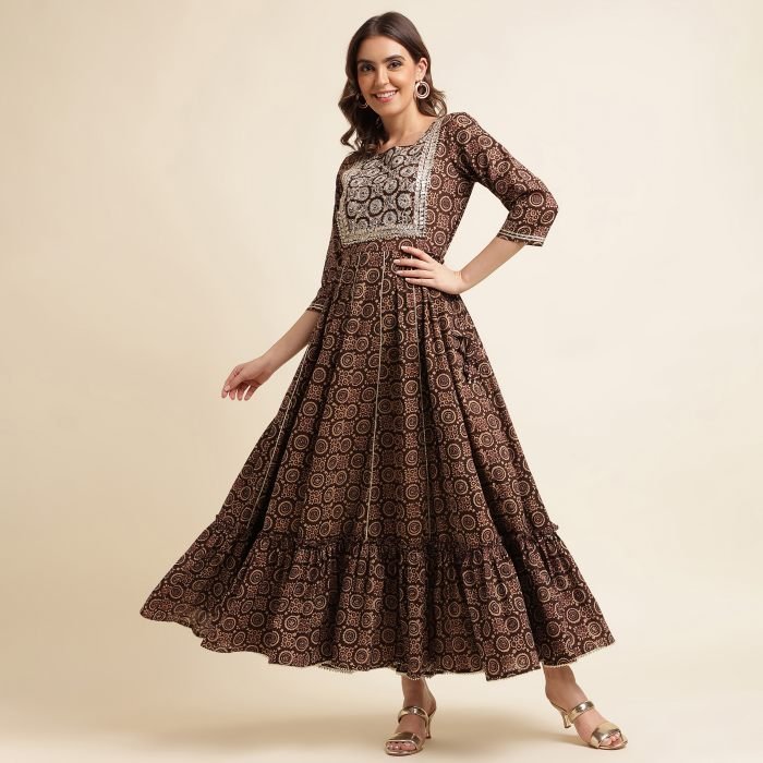 Embroidered Yoke Printed Panalled Maxi Ethnic Dress anarkali suits