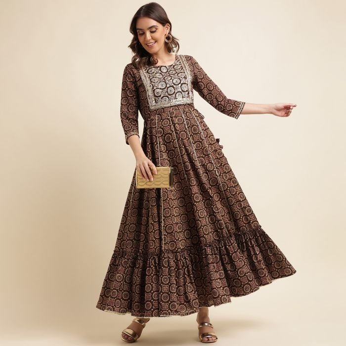 Embroidered Yoke Printed Panalled Maxi Ethnic Dress anarkali suits