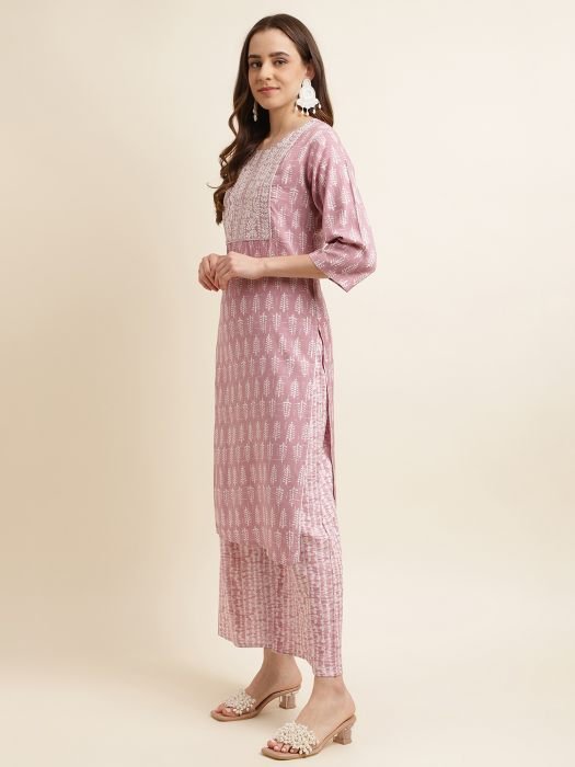  Lavender Ethnic Motifs Printed And Embroidered Work Regular Kurta with Palazzo kurta with bottom