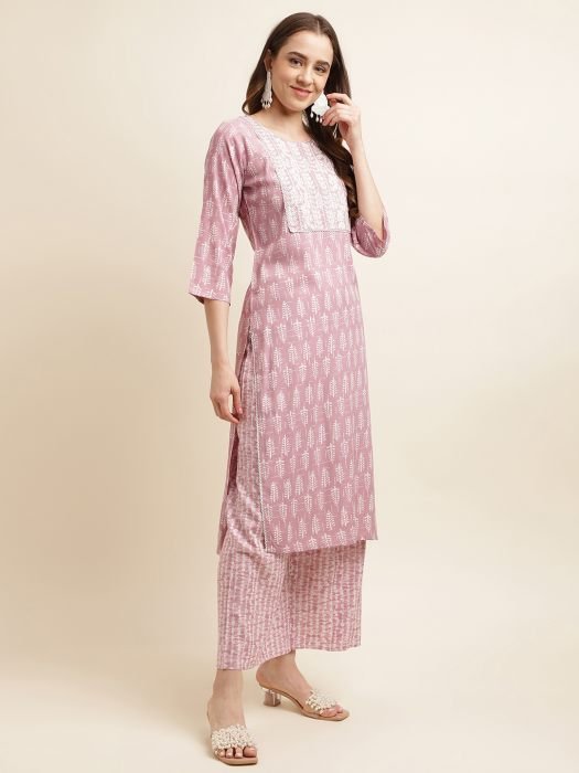  Lavender Ethnic Motifs Printed And Embroidered Work Regular Kurta with Palazzo kurta with bottom