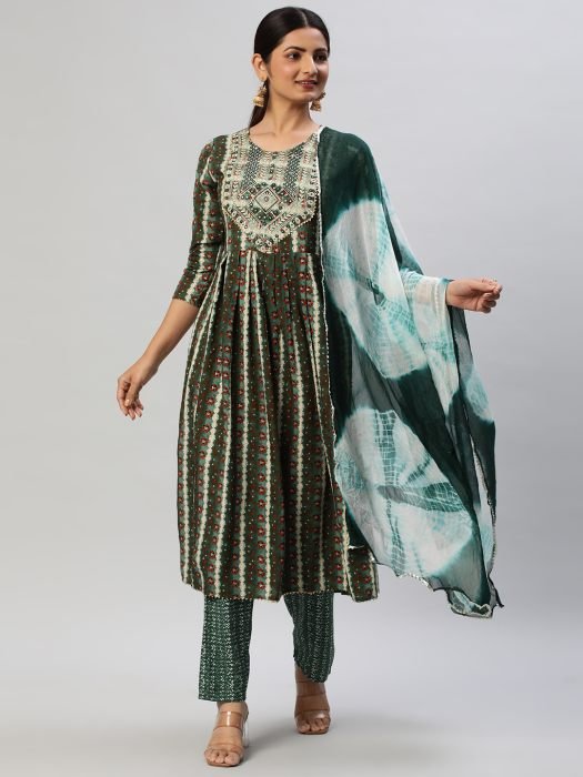 Ethnic Printed Mirror Work   Gotta Patii Details Kurta with Trousers   Dupatta Readymade Suits