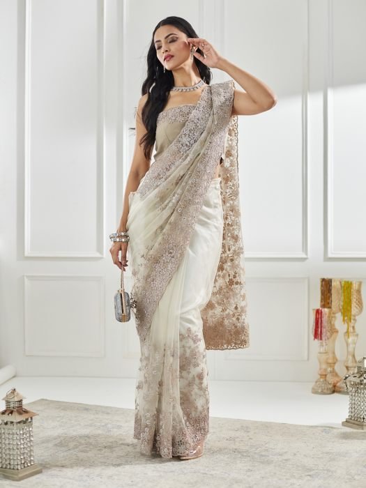 Floral Embellished Beads and Stones Net Saree SAREES