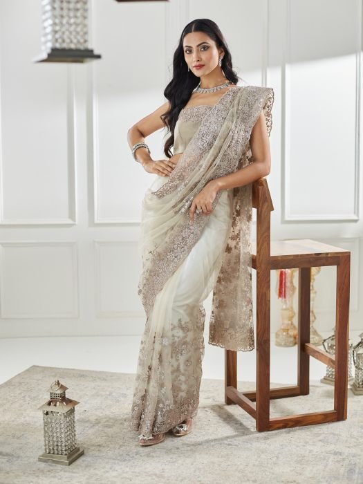 Floral Embellished Beads and Stones Net Saree designer saree