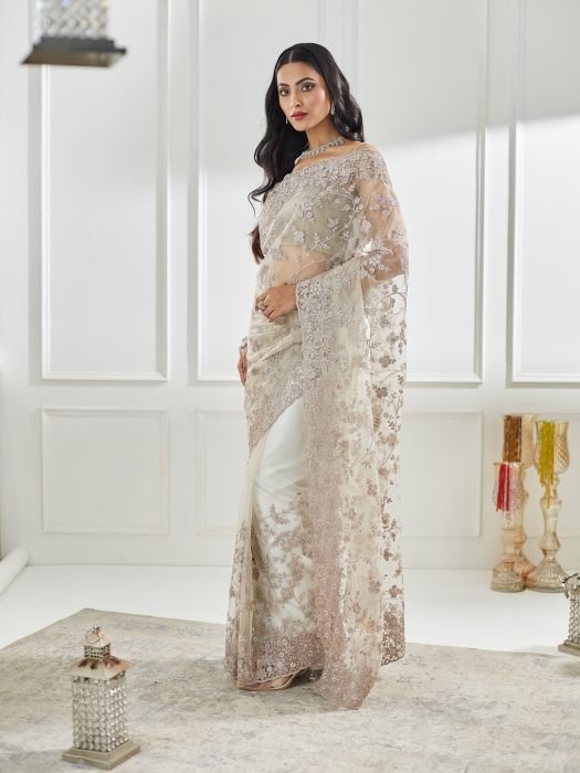 Floral Embellished Beads and Stones Net Saree designer saree