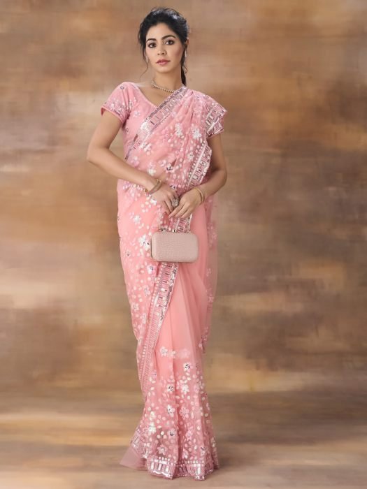 Floral Embroidered Net Saree pink sarees