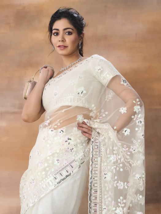 Floral Embroidered Net Saree white sarees