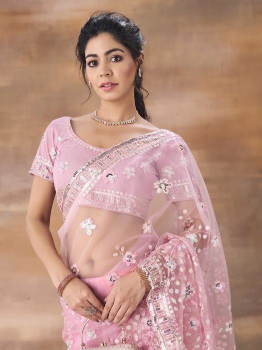 Floral Embroidered Net Saree lavender sarees