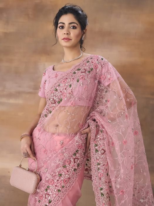 Floral Embroidered Net Saree pink sarees