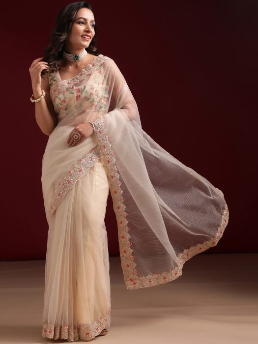 Beige Floral Embroidered Net Saree party wear saree