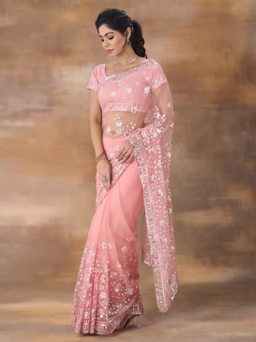 Floral Embroidered Net Saree party wear saree