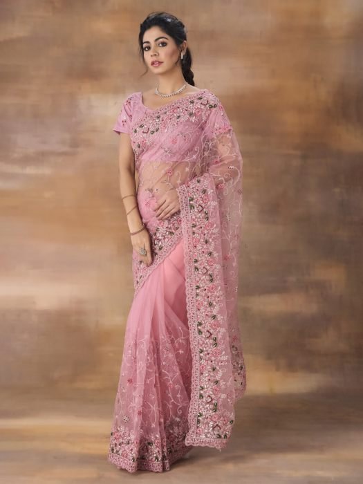 Floral Embroidered Net Saree party wear saree