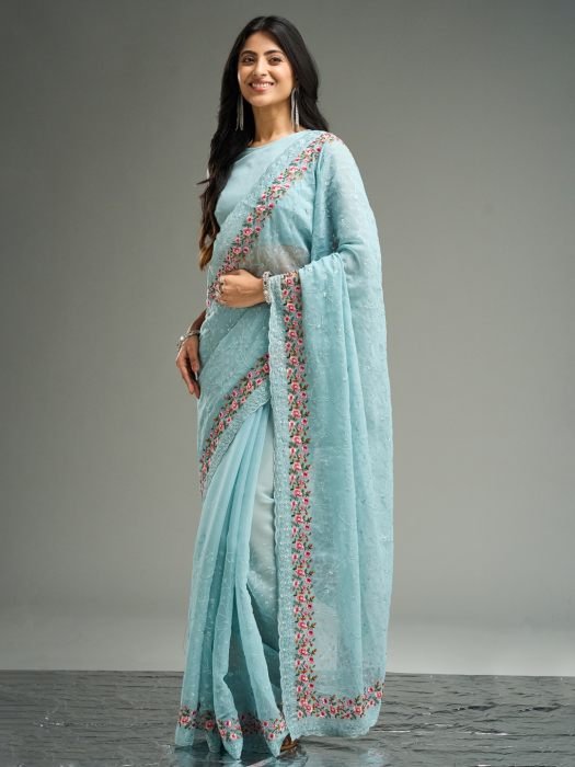 Floral Embroidered Poly Chiffon Saree NEW ARRIVALS