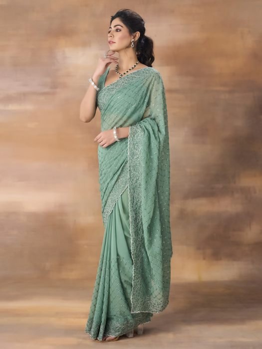 Floral Embroidered Poly Georgette Belted Saree embroidered saree