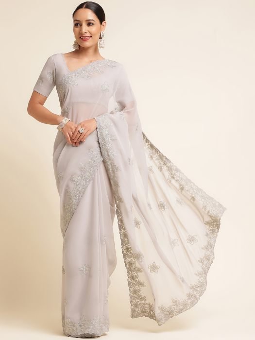 Grey Floral Embroidered Work Georgette Saree embroidered saree