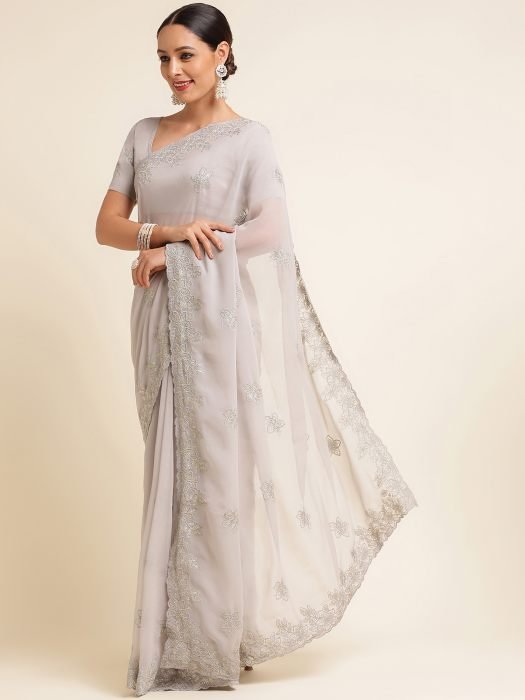 Grey Floral Embroidered Work Georgette Saree embroidered saree