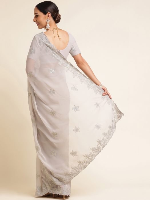 Grey Floral Embroidered Work Georgette Saree embroidered saree