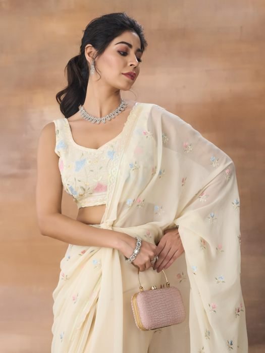 Floral Embroidered Saree white sarees