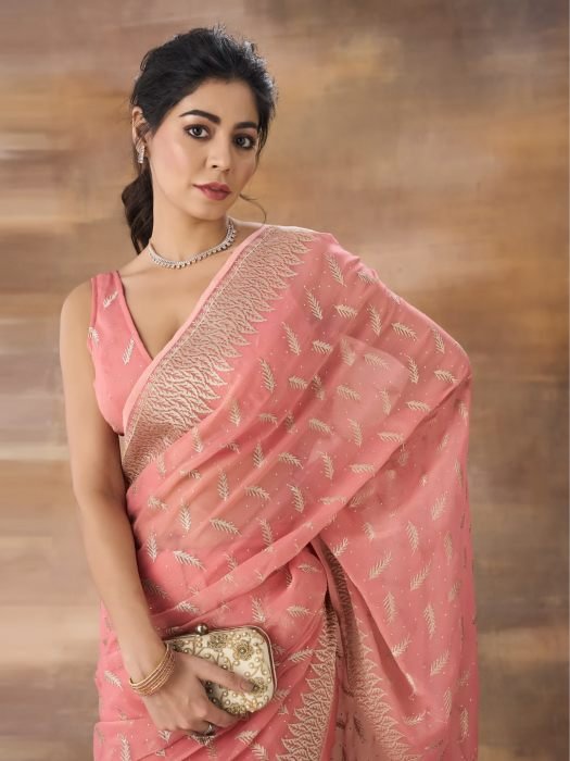 Floral Embroidered Saree With Blouse Piece NEW