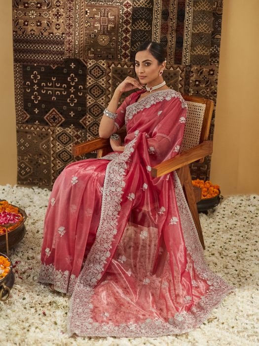 Floral Zari Supernet Saree embroidered saree