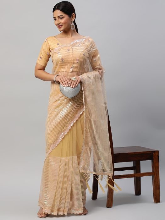 Gold Toned Embellished Sequinned Net Saree party wear saree