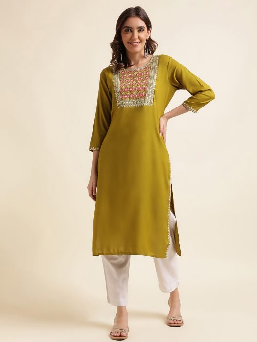 Green and Beige Cotton Blend Geometric Embroidered Thread Work Kurta kurtis