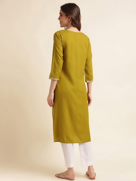 Green and Beige Cotton Blend Geometric Embroidered Thread Work Kurta kurtis