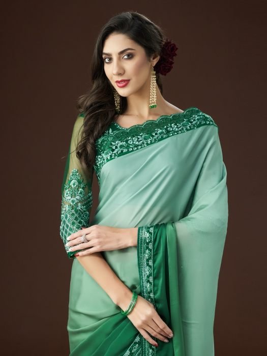 Green Embroidered Sequinned Saree party wear saree