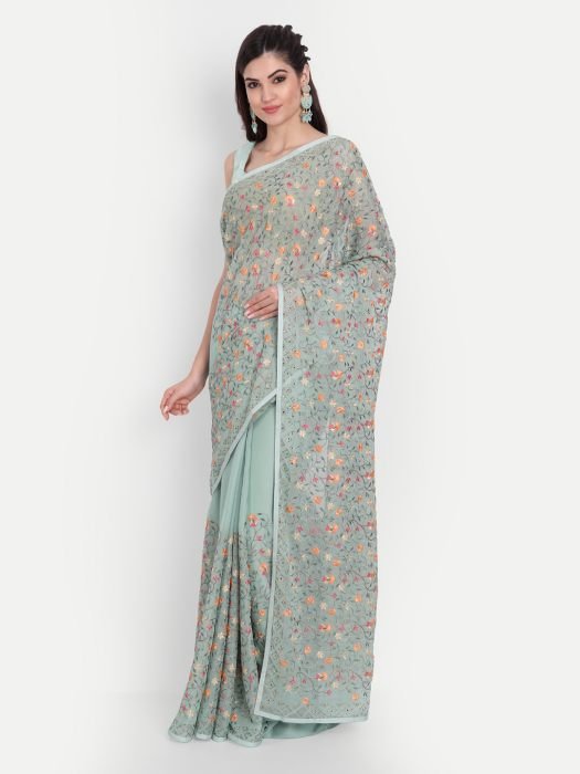 Pista Green Chiffon Saree With Thread And Stone Work embroidered saree