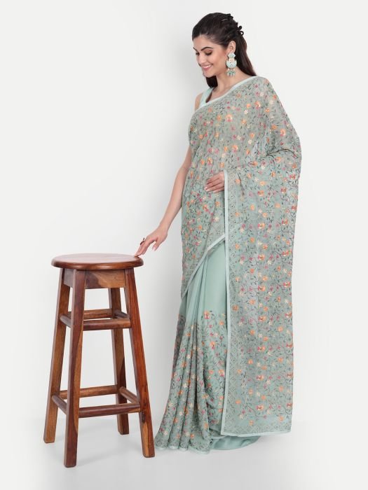 Pista Green Chiffon Saree With Thread And Stone Work embroidered saree