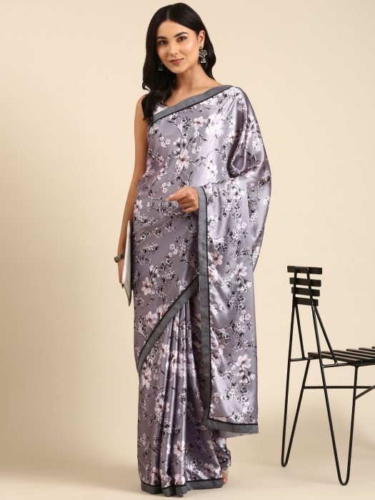 Grey Digital Printed Floral Satin Saree party wear saree