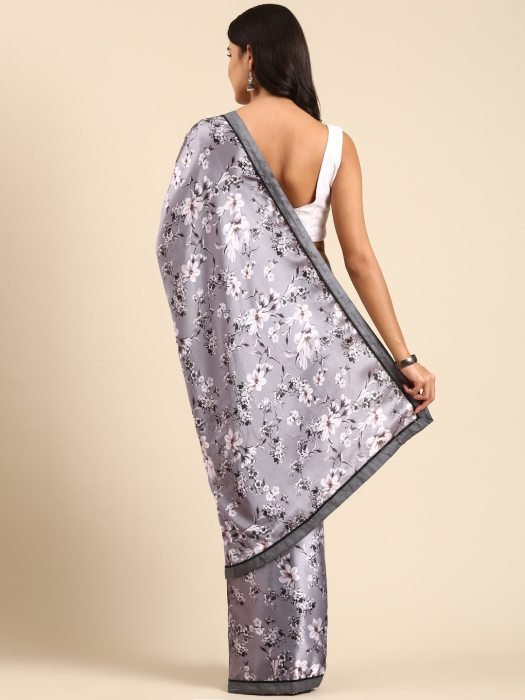 Grey Digital Printed Floral Satin Saree party wear saree