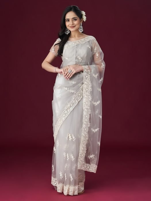 Grey Floral Embroidered Net Saree embroidered saree