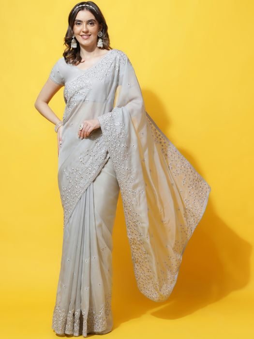 Grey Organza Saree With Embroidered Work And Stonework party wear saree